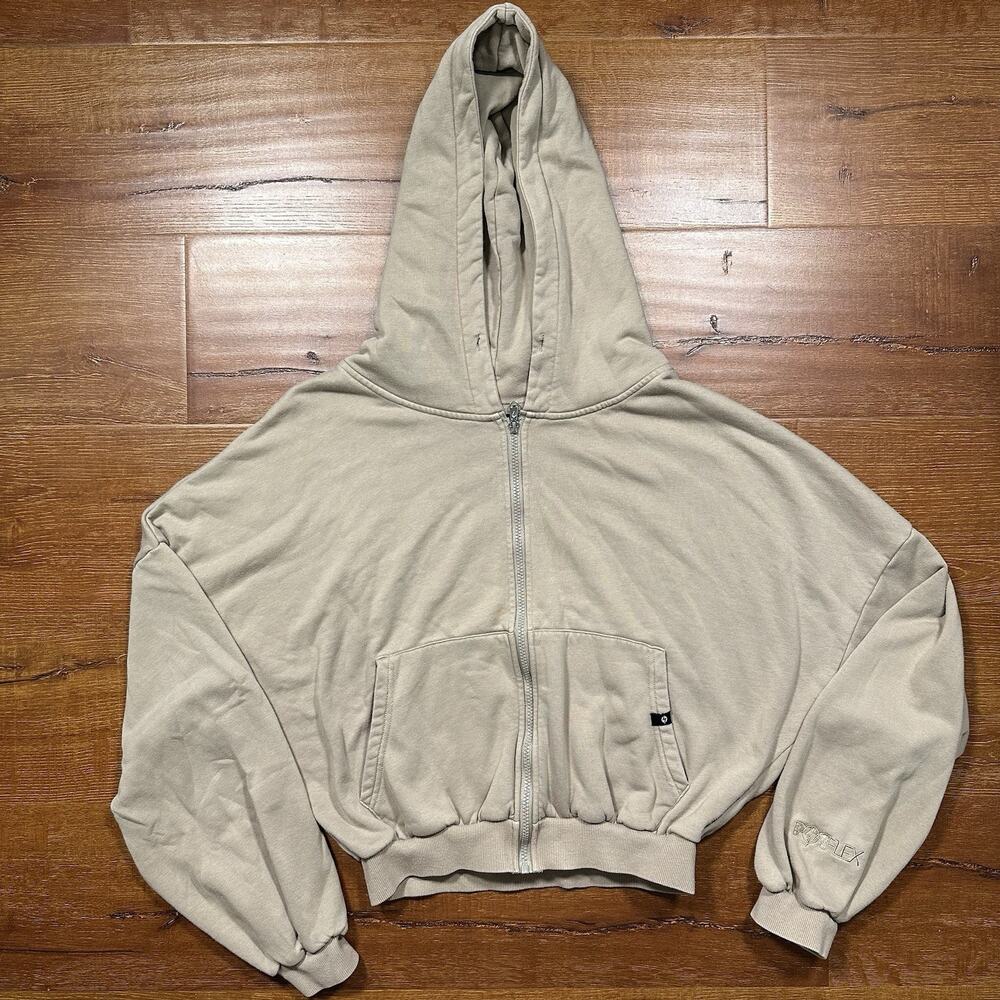 Popflex Oversized Hoodie Sweater Womens S/M Beige Relaxed Fit Full Zip Boxy